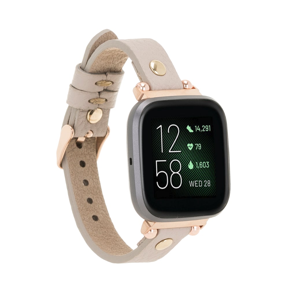 Luxury Beige Leather Fitbit Watch Band for All Series & Sizes with Gold Rivet - MADUEM - 7