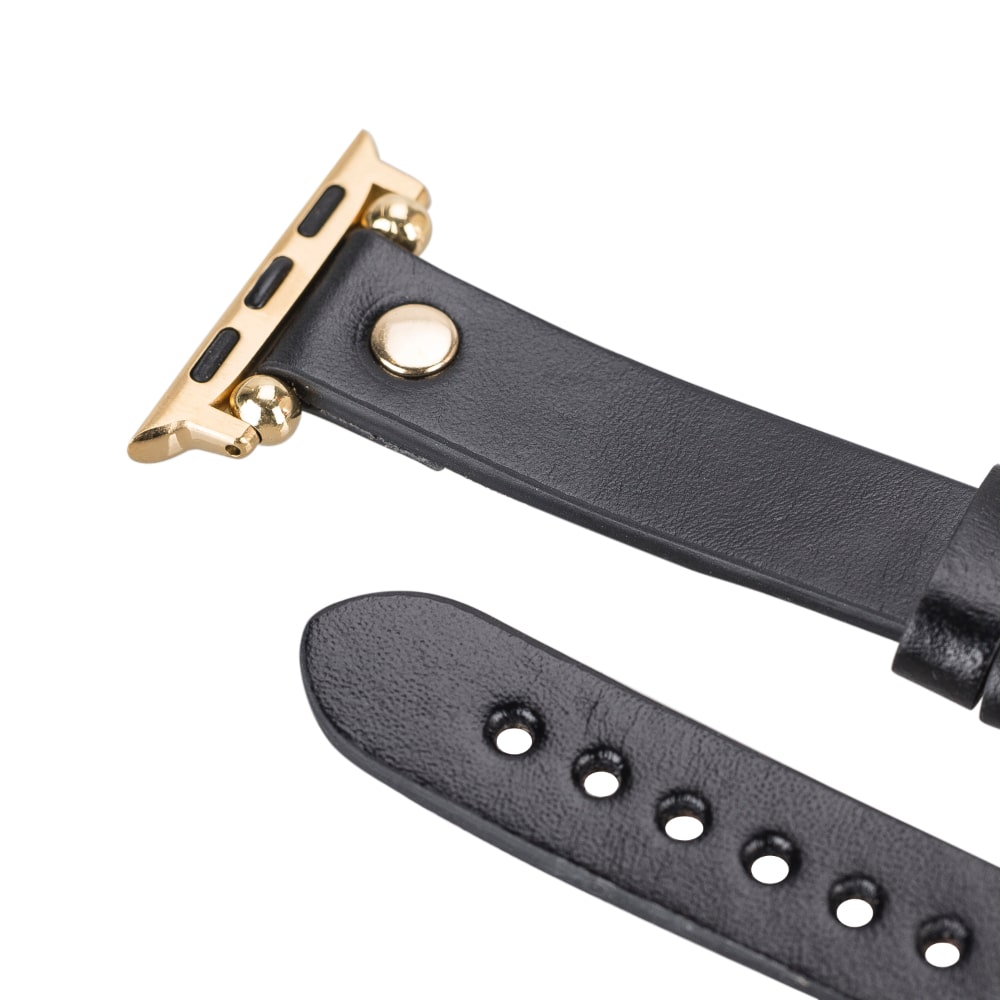 Luxury Black Skinny Leather Apple Watch Band for All Series & Sizes with Gold Trok- MADUEM - 10