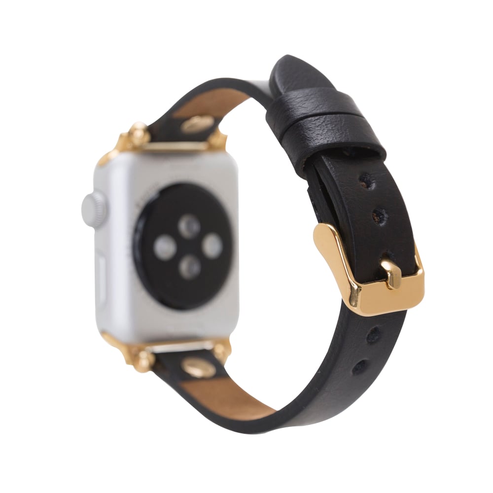 Luxury Black Skinny Leather Apple Watch Band for All Series & Sizes with Gold Trok- MADUEM - 2