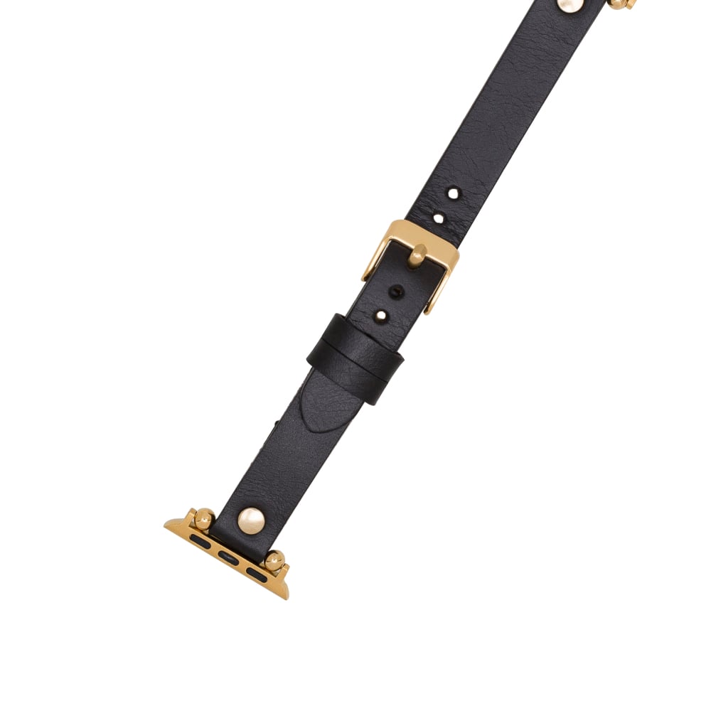 Luxury Black Skinny Leather Apple Watch Band for All Series & Sizes with Gold Trok- MADUEM - 3