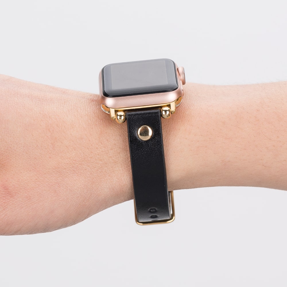 Luxury Black Skinny Leather Apple Watch Band for All Series & Sizes with Gold Trok- MADUEM - 8