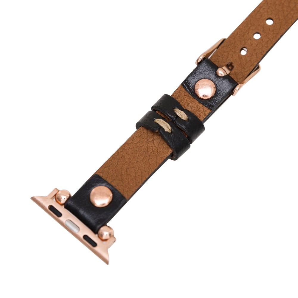 Luxury Black Skinny Leather Apple Watch Band for All Series & Sizes with Rose Gold Trok- MADUEM - 3