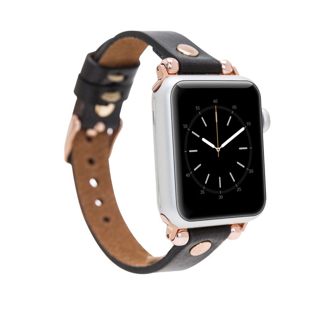 Luxury Black Skinny Leather Apple Watch Band for All Series & Sizes with Rose Gold Trok- MADUEM - 1