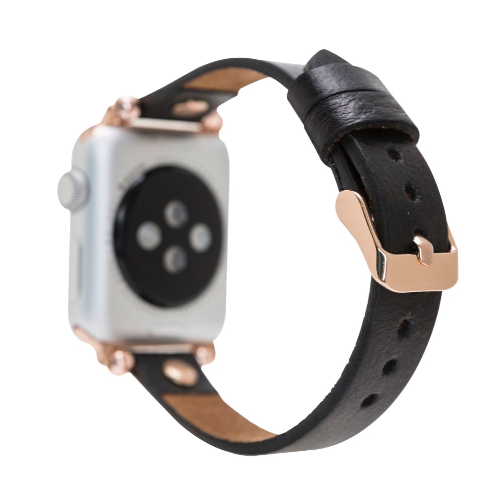 Luxury Black Skinny Leather Apple Watch Band for All Series & Sizes with Rose Gold Trok- MADUEM - 2