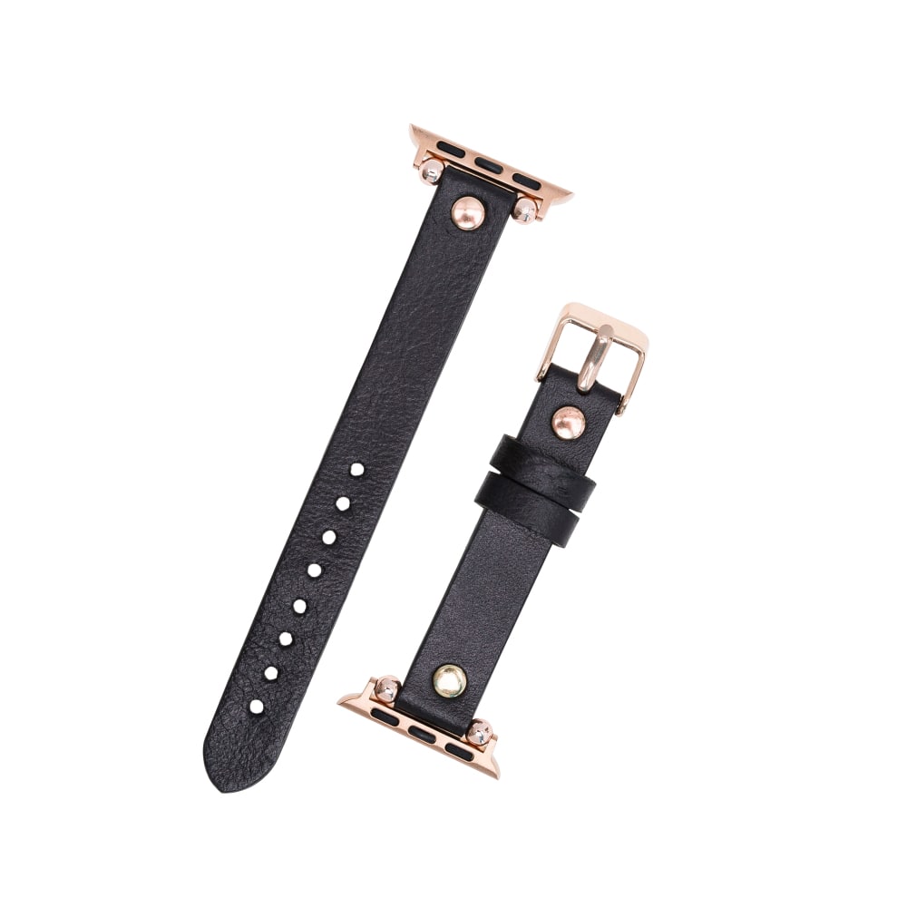 Luxury Black Skinny Leather Apple Watch Band for All Series & Sizes with Rose Gold Trok- MADUEM - 6