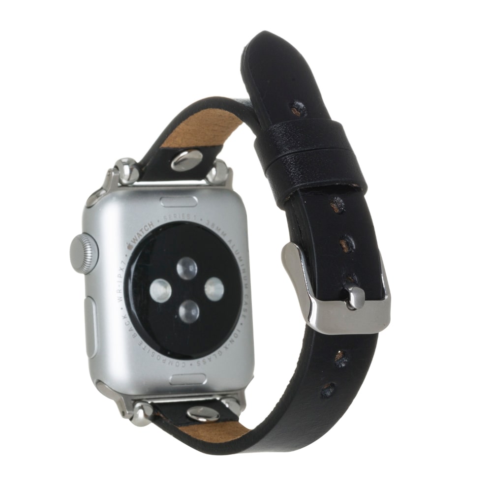 Luxury Black Skinny Leather Apple Watch Band for All Series & Sizes with Silver Rivet - MADUEM - 2