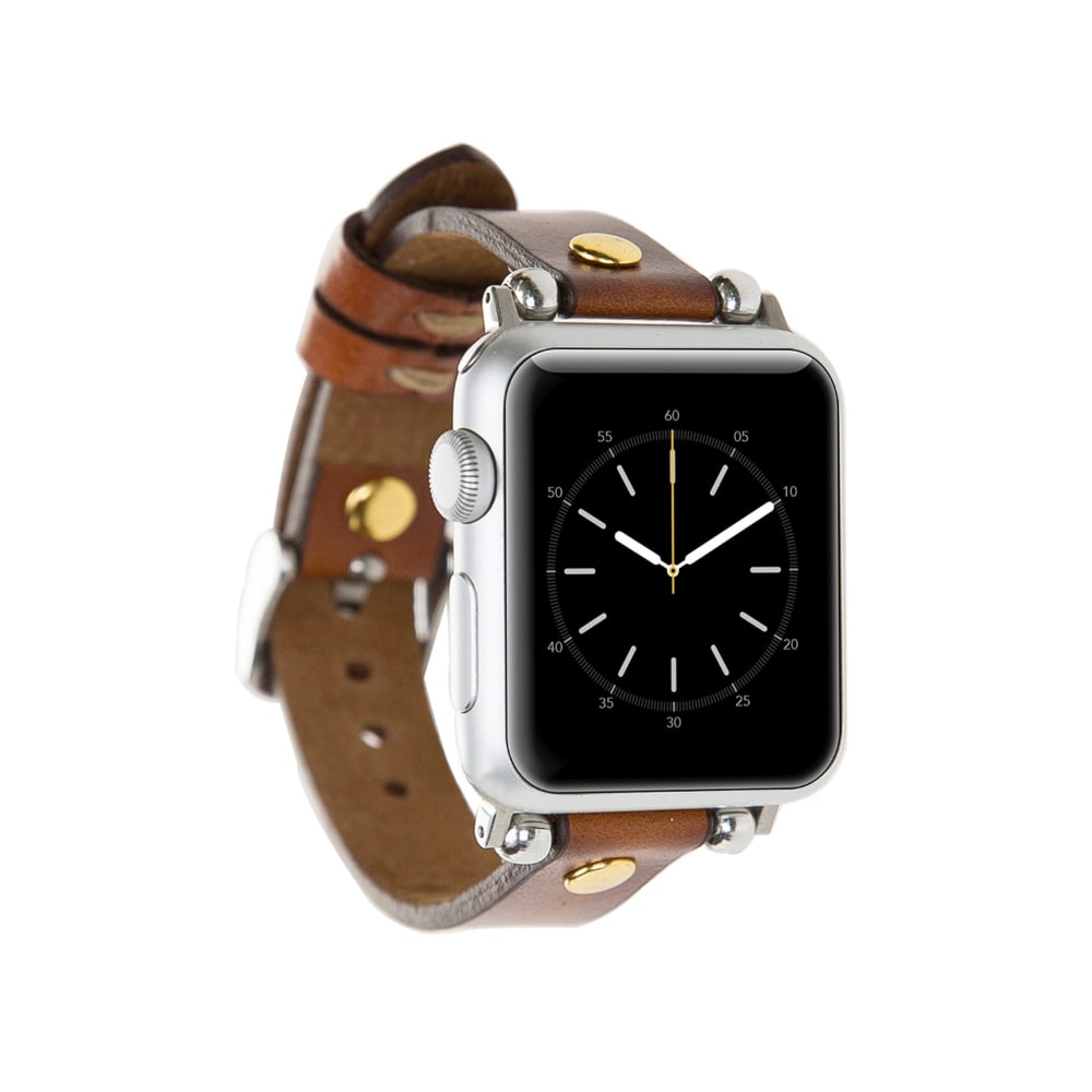 Luxury Golden Brown Skinny Leather Apple Watch Band for All Series & Sizes with Golden Brown Rivet - MADUEM - 1