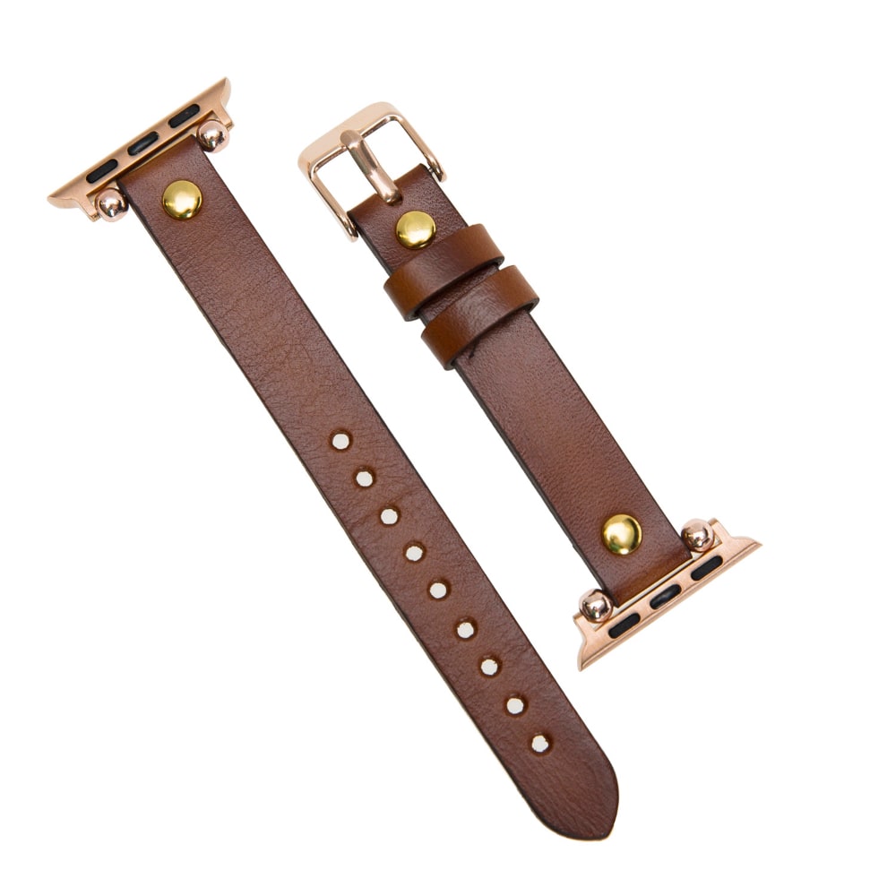 Luxury Golden Brown Skinny Leather Apple Watch Band for All Series & Sizes with Golden Brown Rivet - MADUEM - 11