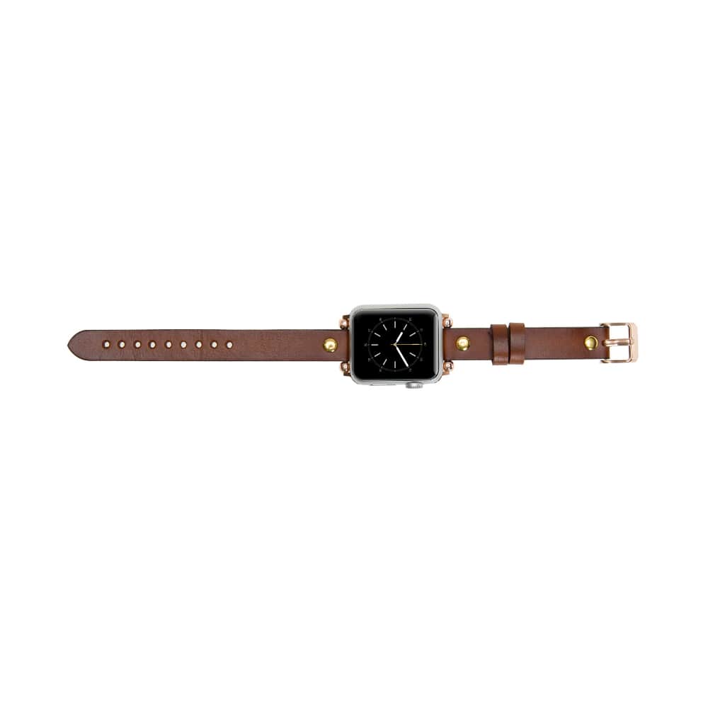 Luxury Golden Brown Skinny Leather Apple Watch Band for All Series & Sizes with Golden Brown Rivet - MADUEM - 12