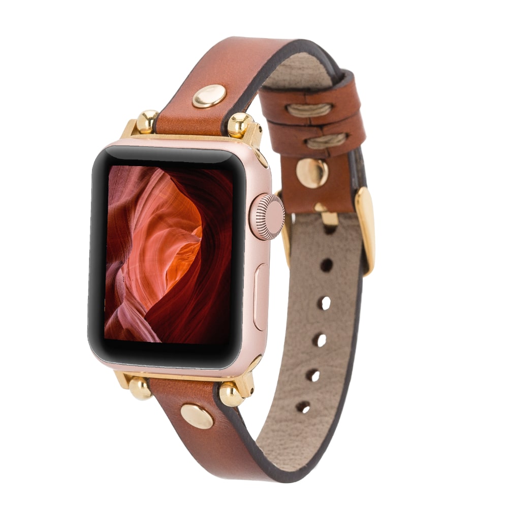 Luxury Golden Brown Skinny Leather Apple Watch Band for All Series & Sizes with Golden Brown Rivet - MADUEM - 13