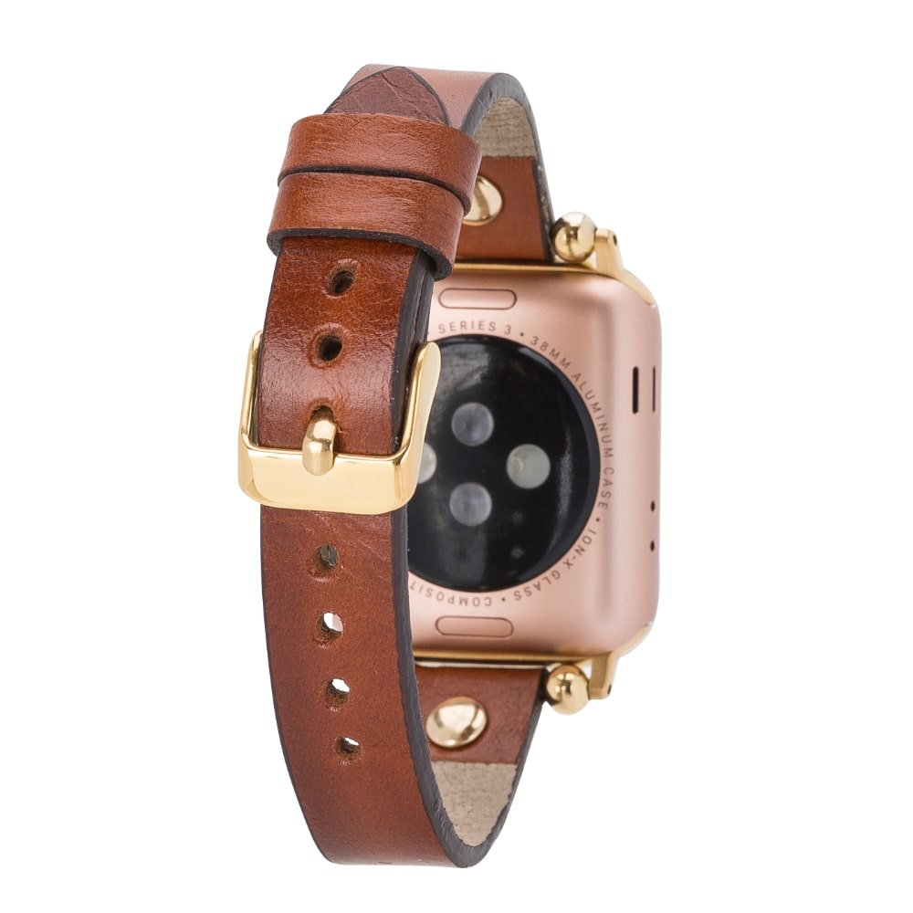 Luxury Golden Brown Skinny Leather Apple Watch Band for All Series & Sizes with Golden Brown Rivet - MADUEM - 14