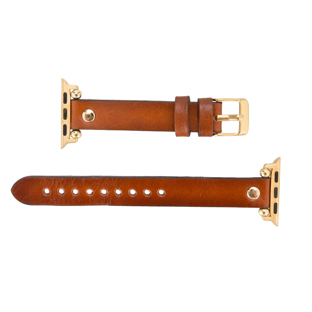 Luxury Golden Brown Skinny Leather Apple Watch Band for All Series & Sizes with Golden Brown Rivet - MADUEM - 16