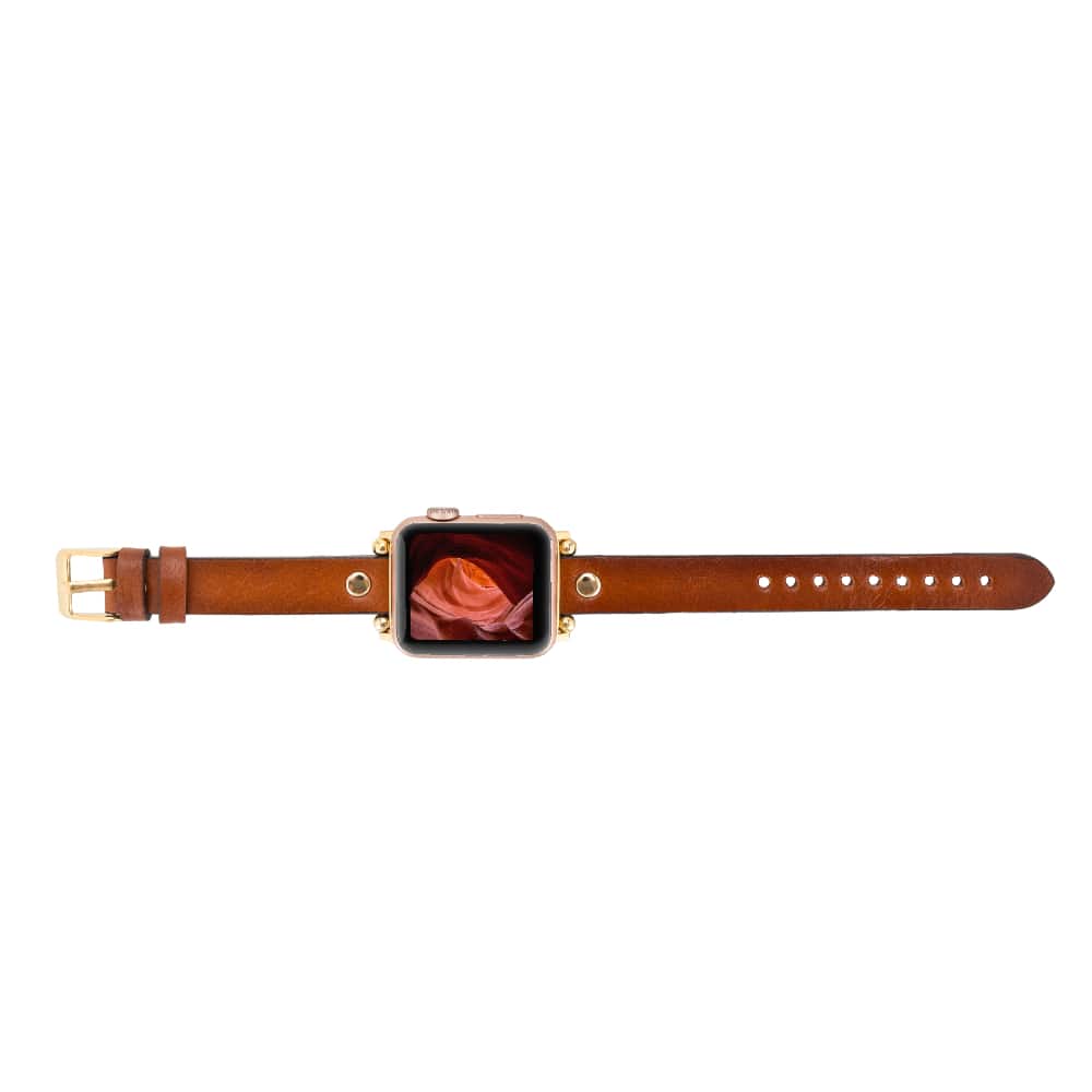 Luxury Golden Brown Skinny Leather Apple Watch Band for All Series & Sizes with Golden Brown Rivet - MADUEM - 17