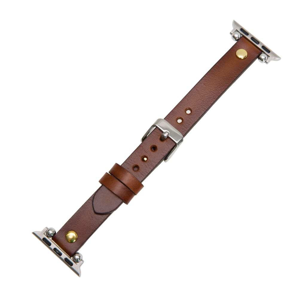 Luxury Golden Brown Skinny Leather Apple Watch Band for All Series & Sizes with Golden Brown Rivet - MADUEM - 3