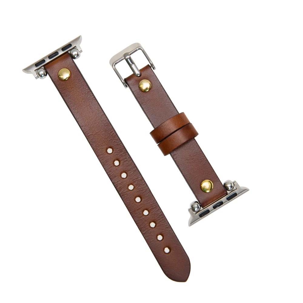 Luxury Golden Brown Skinny Leather Apple Watch Band for All Series & Sizes with Golden Brown Rivet - MADUEM - 5