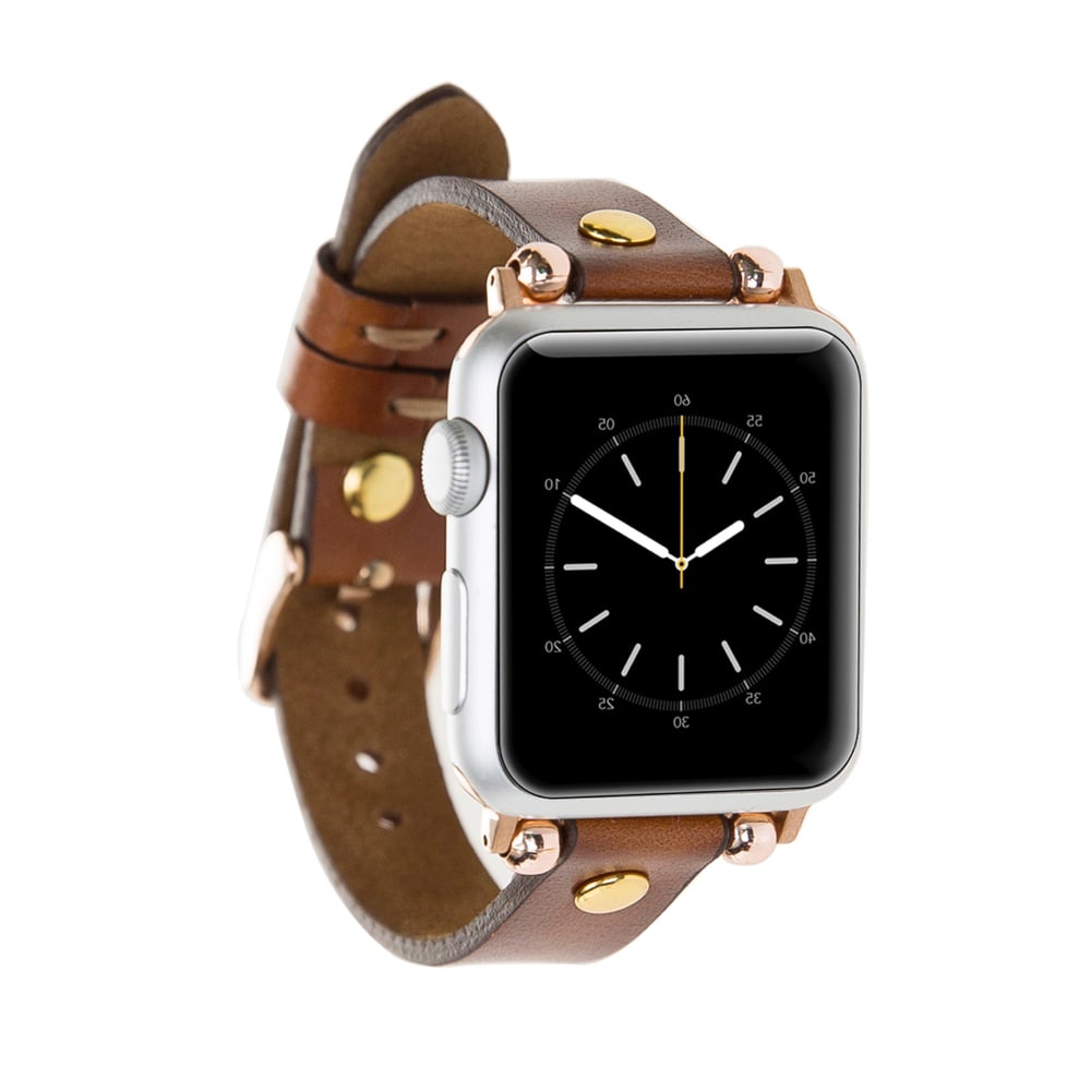 Luxury Golden Brown Skinny Leather Apple Watch Band for All Series & Sizes with Golden Brown Rivet - MADUEM - 7