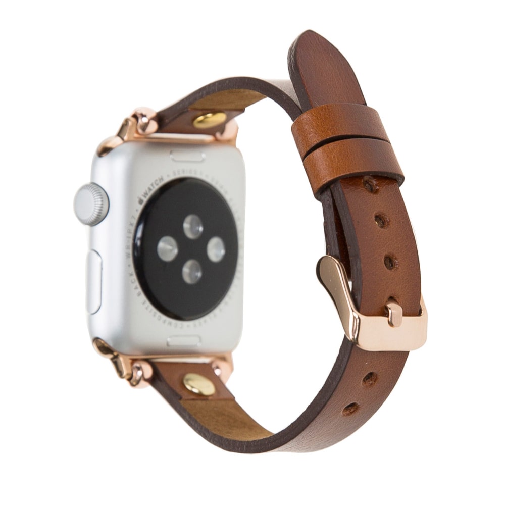 Luxury Golden Brown Skinny Leather Apple Watch Band for All Series & Sizes with Golden Brown Rivet - MADUEM - 8