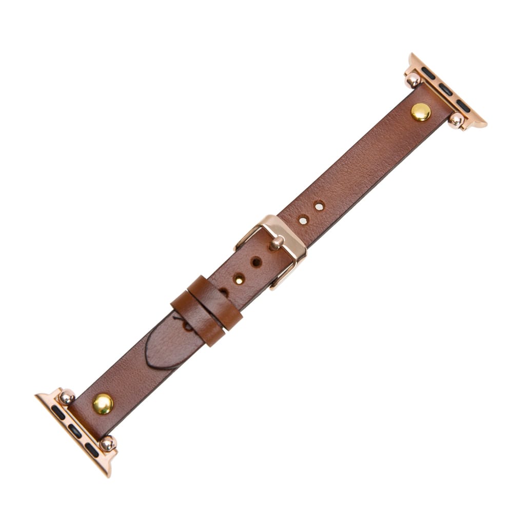 Luxury Golden Brown Skinny Leather Apple Watch Band for All Series & Sizes with Golden Brown Rivet - MADUEM - 9