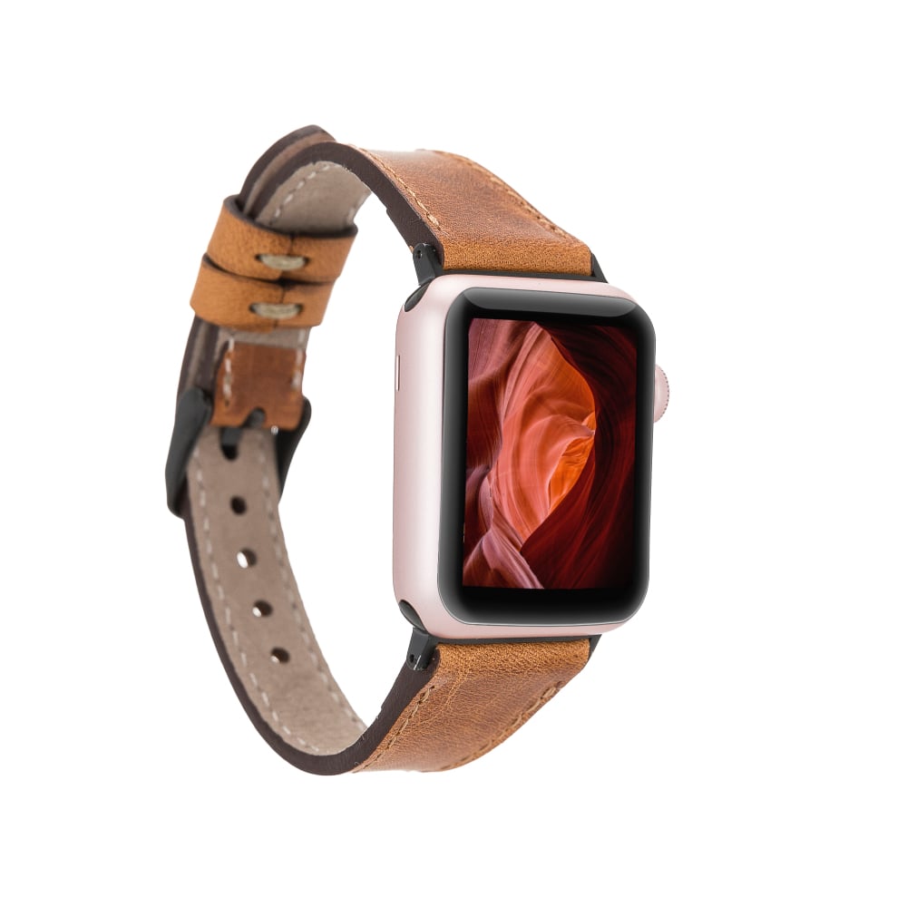 Luxury Tan Slim Leather Apple Watch Band for All Series & Sizes - MADUEM - 1