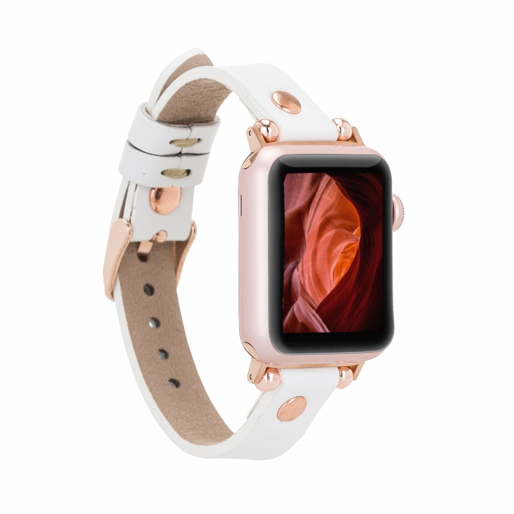 Luxury White Skinny Leather Apple Watch Band for All Series & Sizes with Rose Gold Rivet - MADUEM - 1