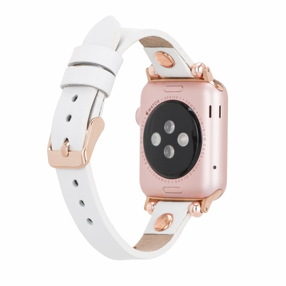 Luxury White Skinny Leather Apple Watch Band for All Series & Sizes with Rose Gold Rivet - MADUEM - 2